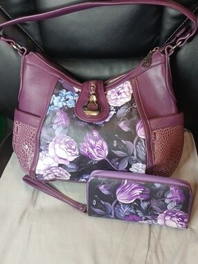 MC Purple Floral Hand Painted Leather Tote Bag with Matching Wallet